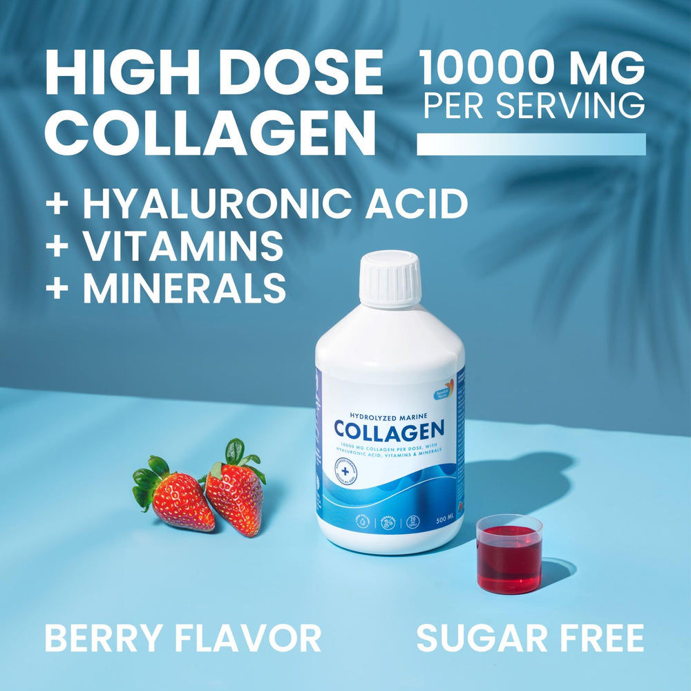 Swedish Nutra collagen liquid being poured, highlighting absorption benefits