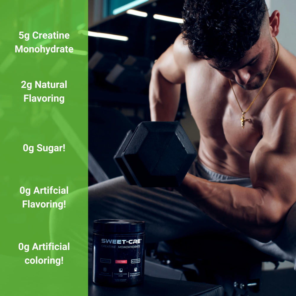 Sweet Cre Creatine Monohydrate displayed with gym gear for workouts