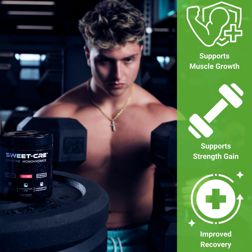 Sweet Cre Creatine Monohydrate Fruit Punch label highlighting organic ingredients