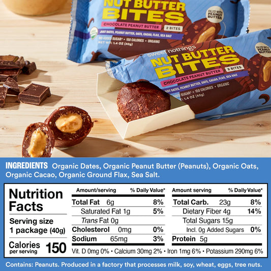 Sweet Nothings Chocolate Nut Butter Bites open pack showing bite portions for easy snacking