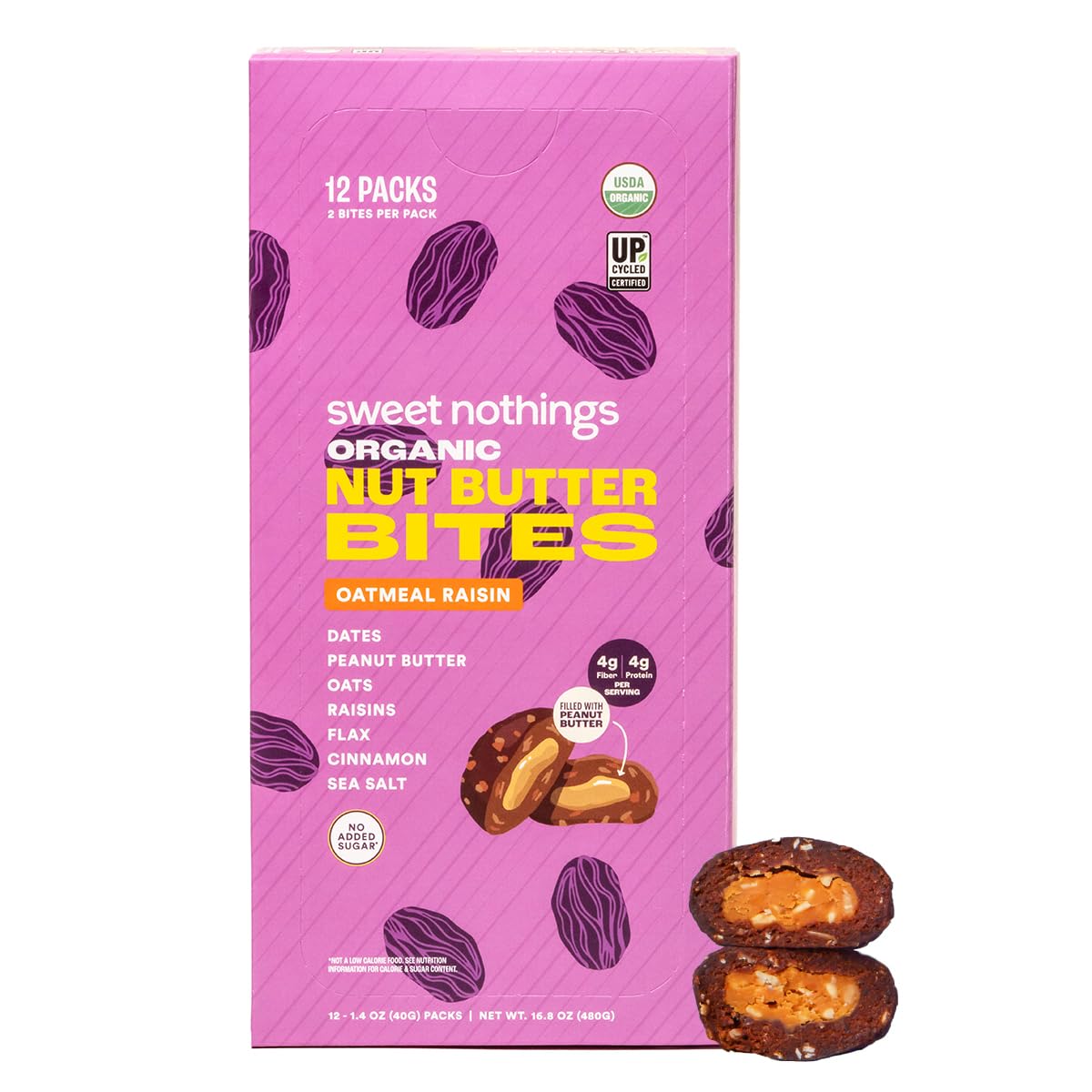 Sweet Nothings oatmeal raisin bites packaging showing wholesome seven-ingredient formula for convenient snacking.