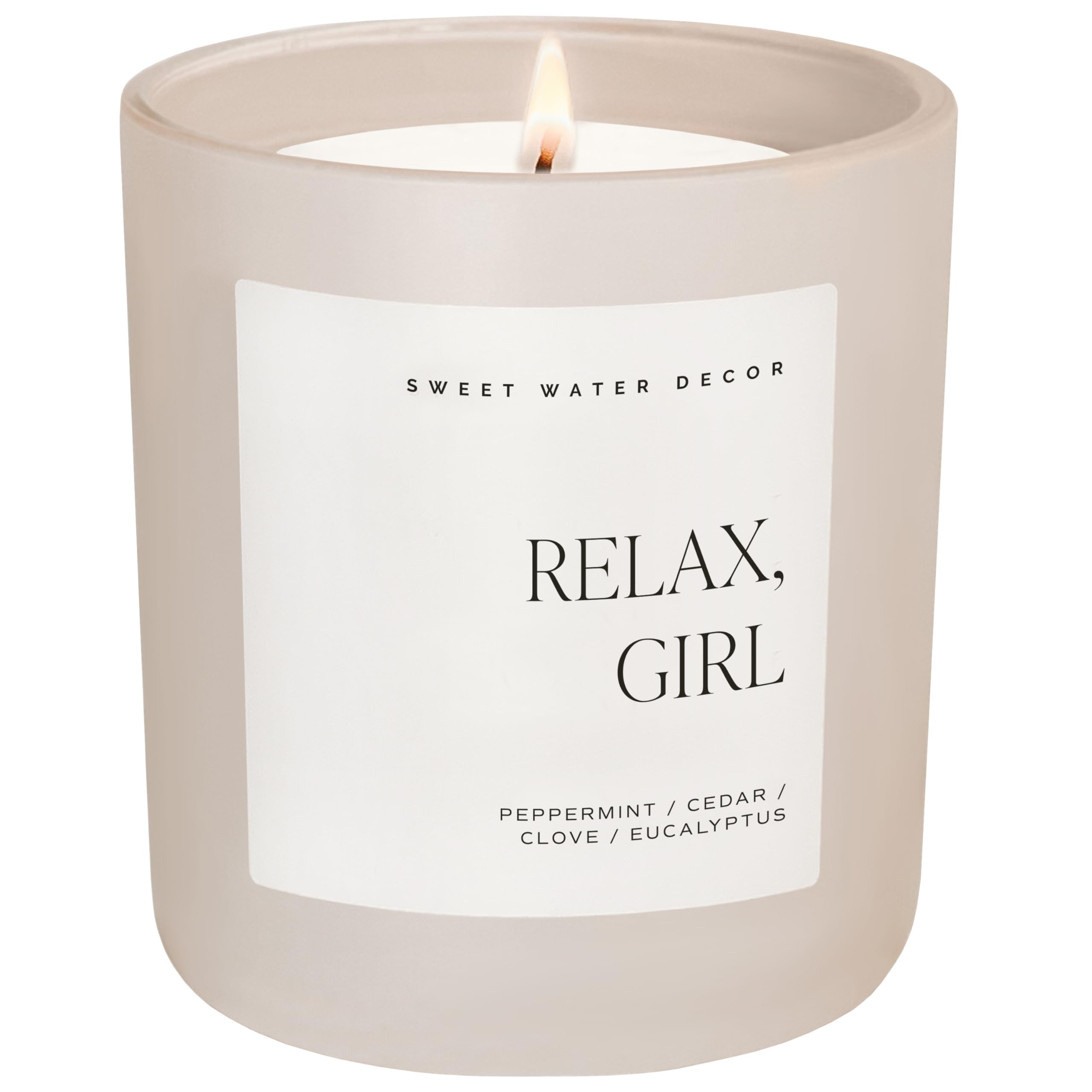 Sweet Water Decor Relax, Girl candle front view emphasizes peppermint and eucalyptus for relaxing spaces.