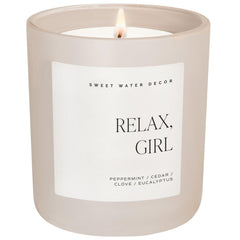 Sweet Water Decor Relax, Girl candle front view emphasizes peppermint and eucalyptus for relaxing spaces.