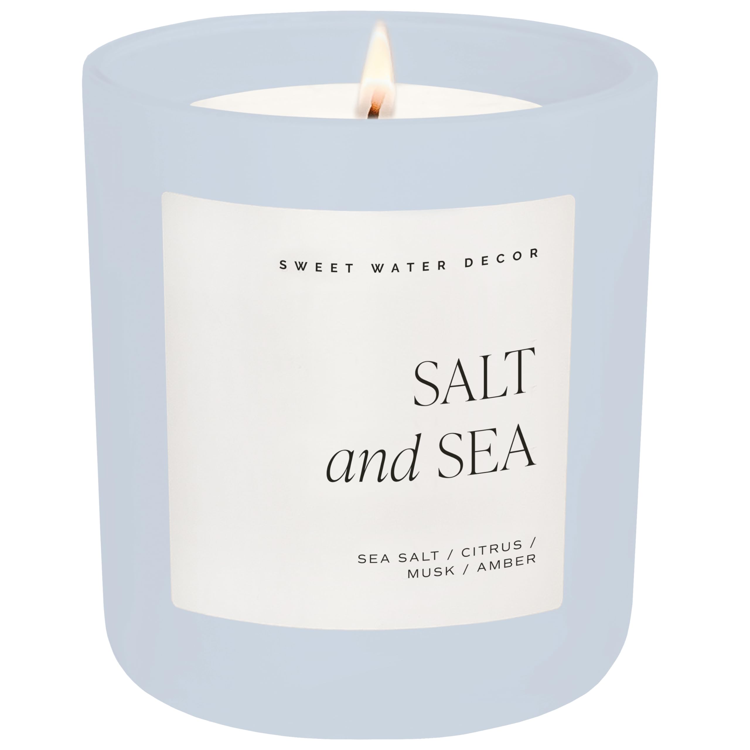 Sweet Water Decor Salt and Sea candle in blue matte jar front view enhances coastal home decor.