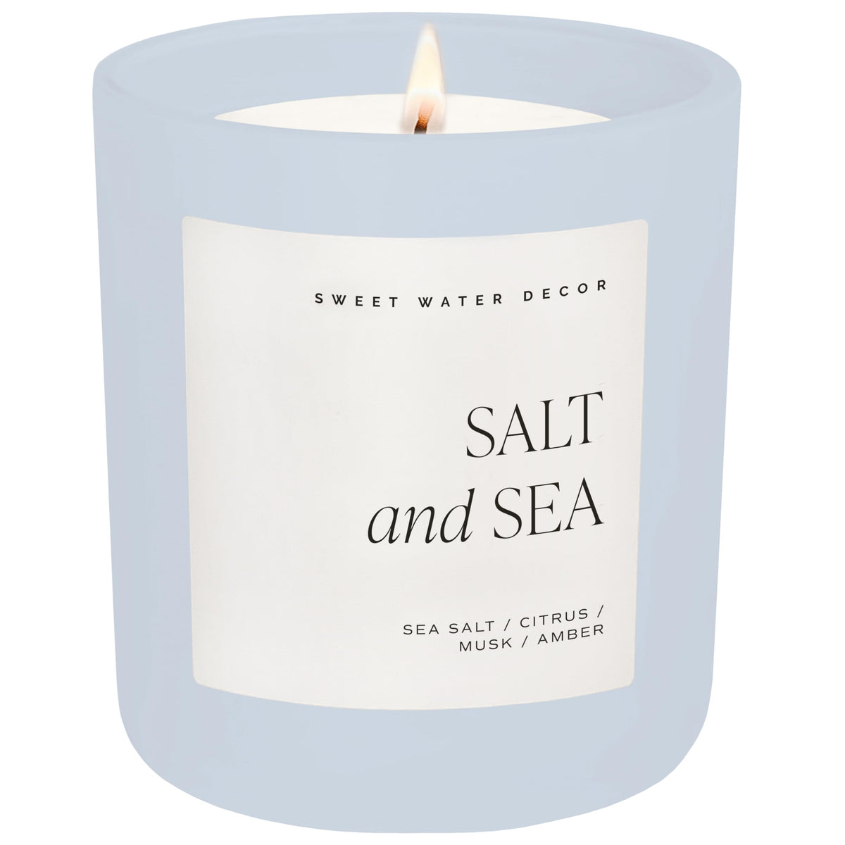 Sweet Water Decor Salt and Sea candle in blue matte jar front view enhances coastal home decor.