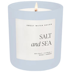 Sweet Water Decor Salt and Sea candle in blue matte jar front view enhances coastal home decor.