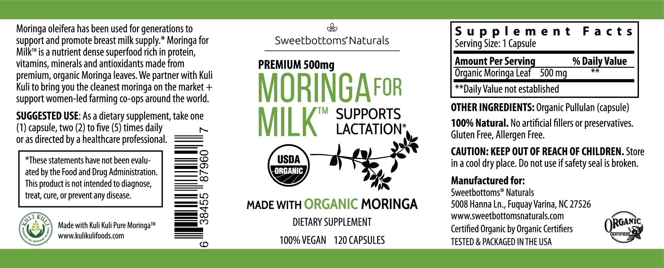 Sweetbottoms ingredients graphic highlighting moringa nutrient-dense profile.