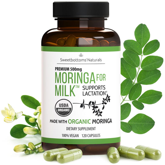 Sweetbottoms lactation moringa capsules bottle for daily milk support.