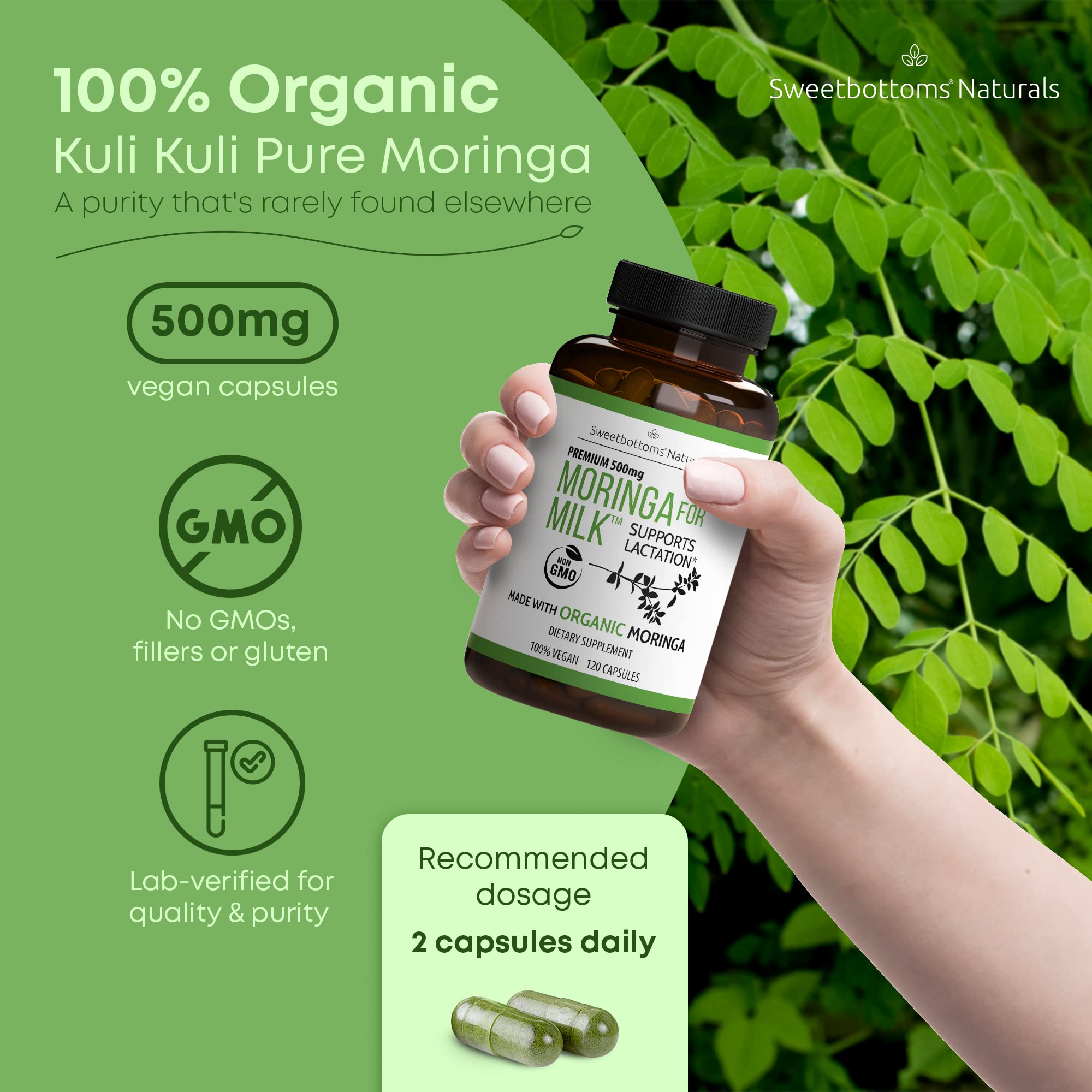 Sweetbottoms organic moringa leaf powder capsules for nutrient-rich postnatal nutrition.