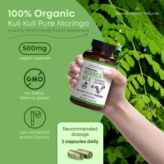 Sweetbottoms organic moringa leaf powder capsules for nutrient-rich postnatal nutrition.