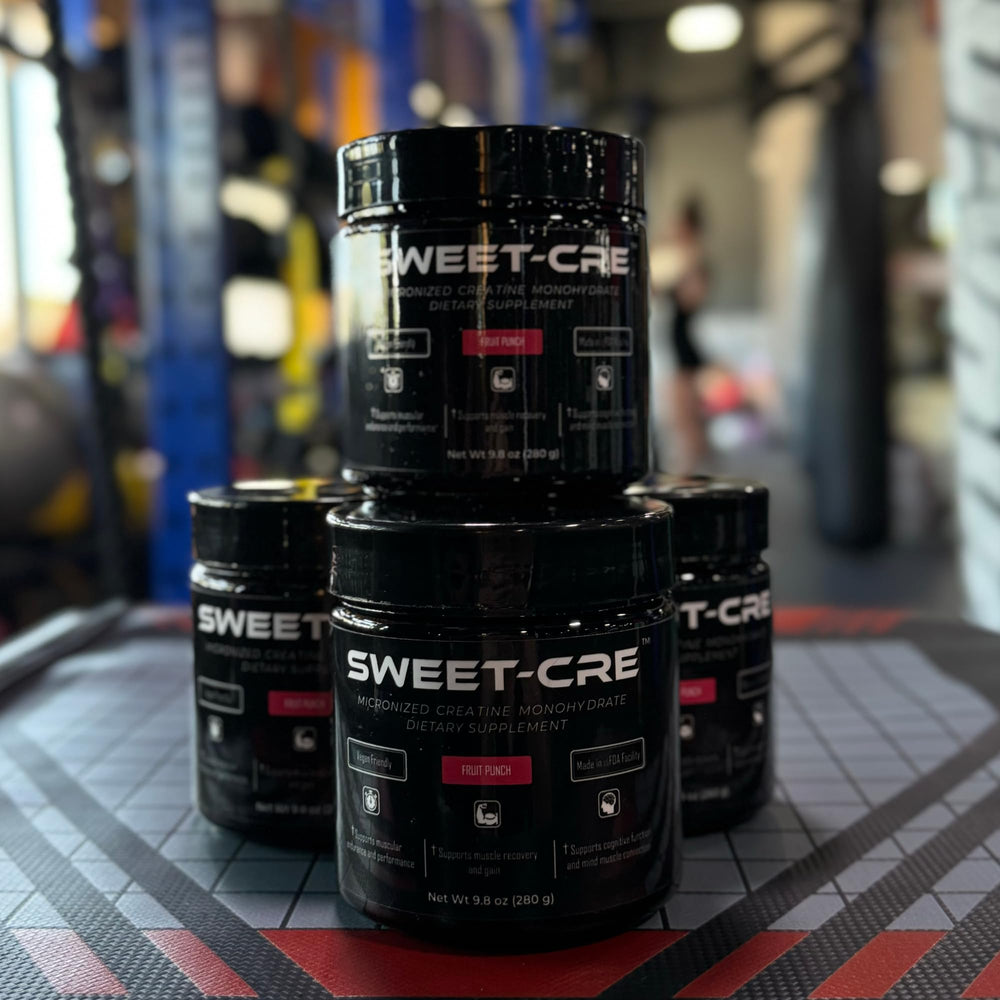 SweetCre Creatine Monohydrate fruit punch jar close-up showing clear labeling