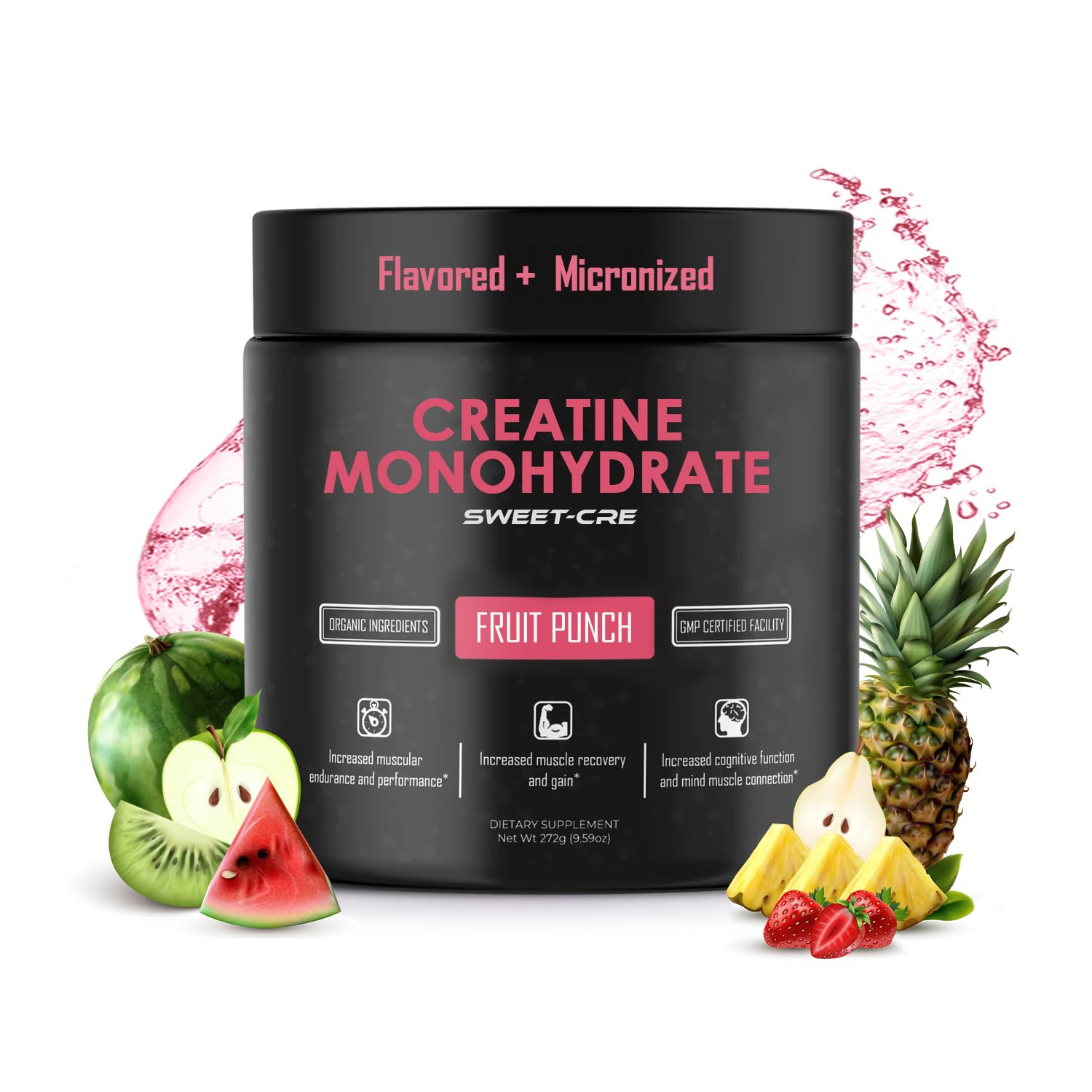 SweetCre Creatine Monohydrate powder in Fruit Punch flavor ready to mix for a sugar-free workout drink