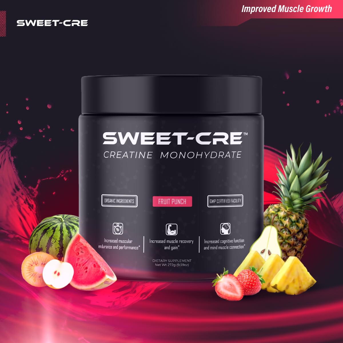 SweetCre Creatine Monohydrate organic ingredients label highlights clean formulation