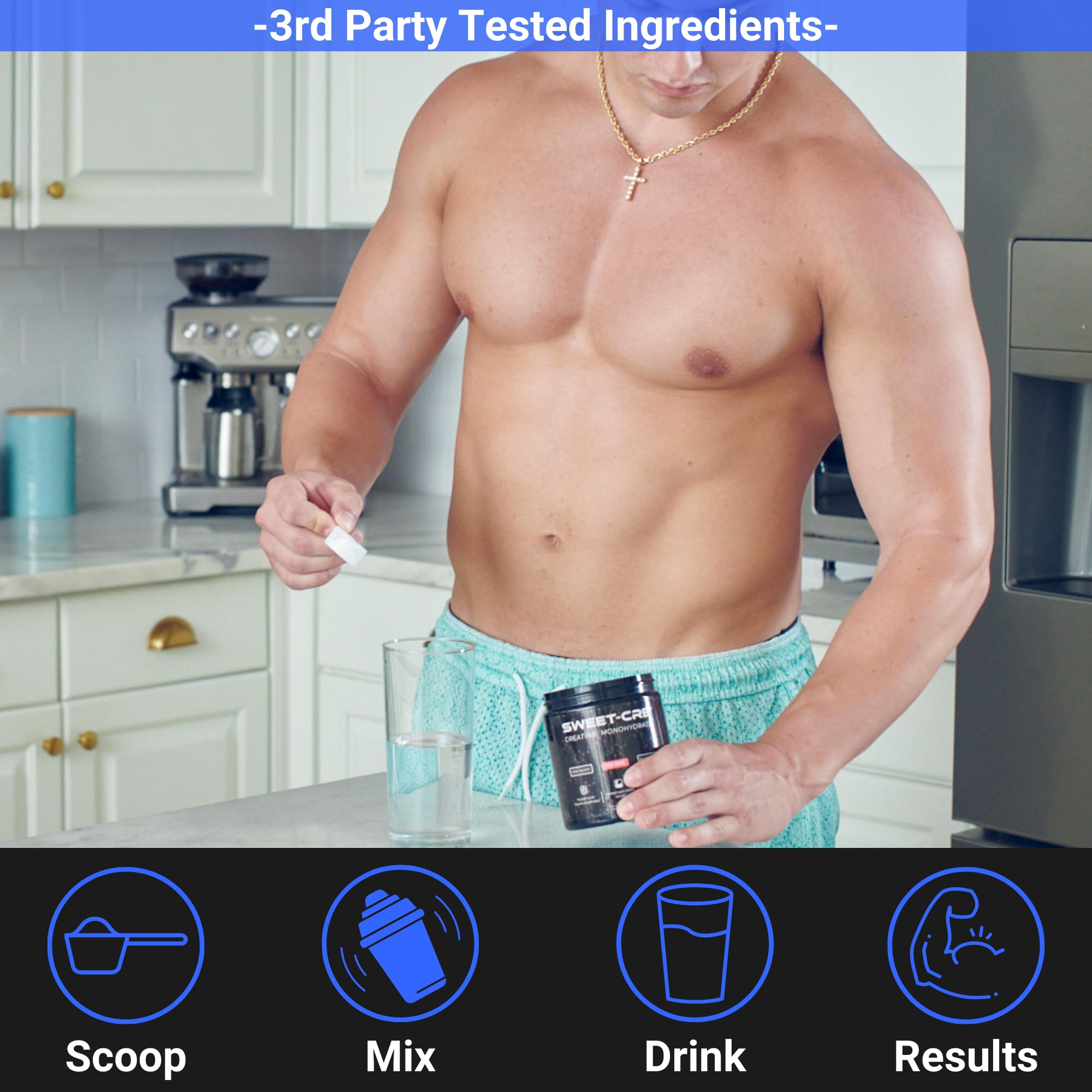 Athlete using SweetCre powder to support workout recovery and endurance.