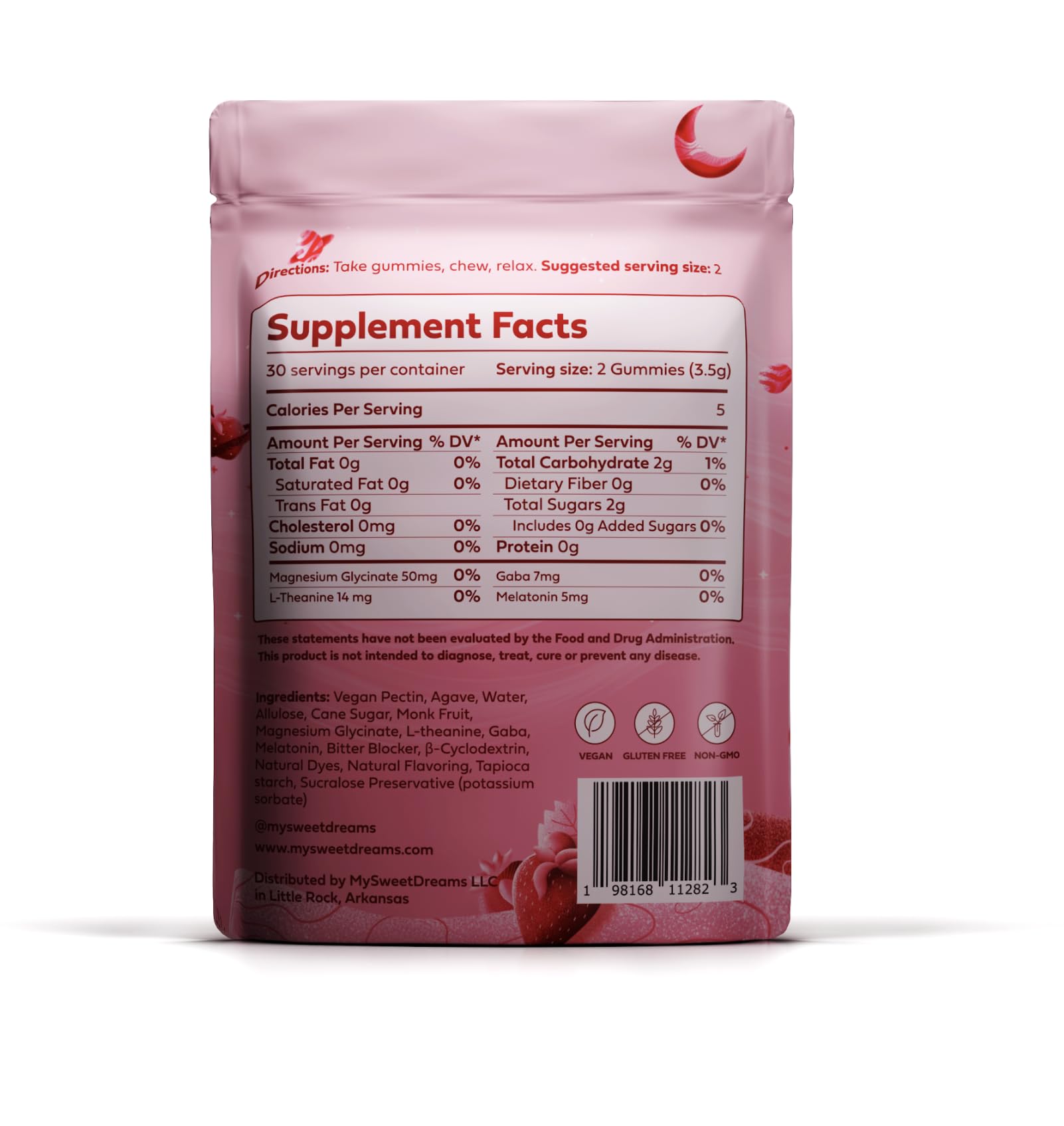 SweetDreams Dream Gummies bottle back highlighting ingredients for balanced relaxation