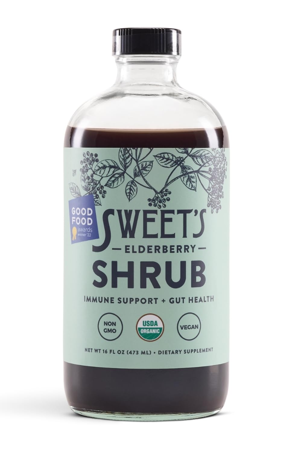 Sweet's Elderberry Shrub bottle on shelf highlights USDA Organic quality and clean ingredients.