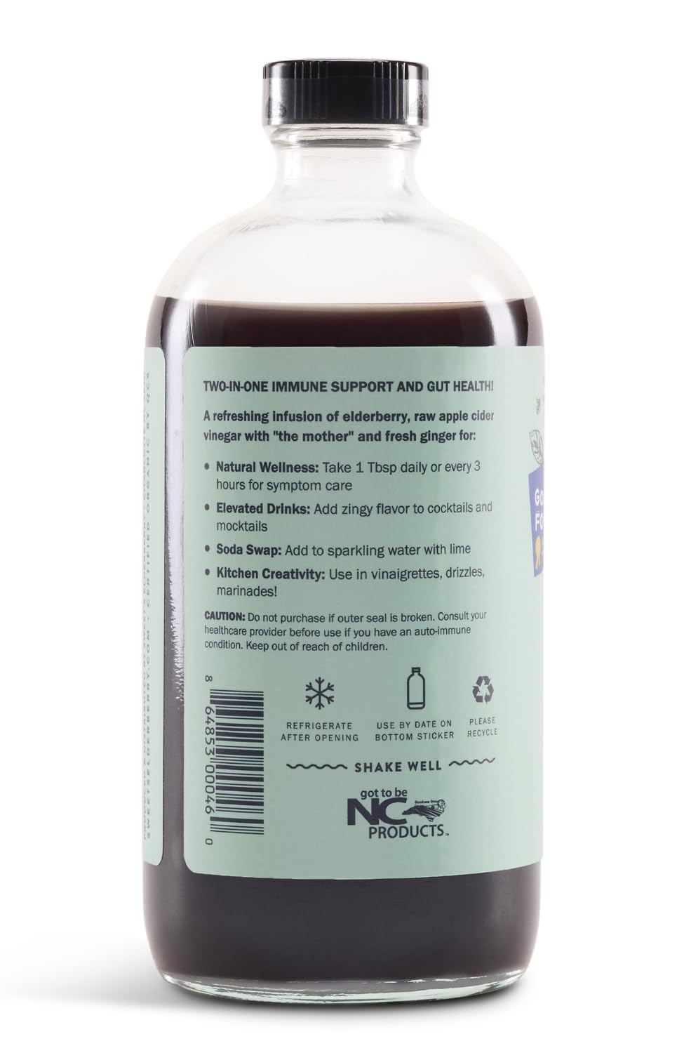 Sweet's Elderberry Shrub ingredients section with amber bottle emphasizes organic non-GMO ingredients.