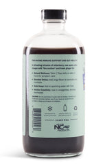 Sweet's Elderberry Shrub ingredients section with amber bottle emphasizes organic non-GMO ingredients.