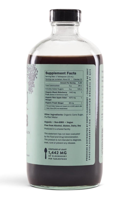 Sweet's Elderberry Shrub label close-up shows elderberry content and organic sourcing.