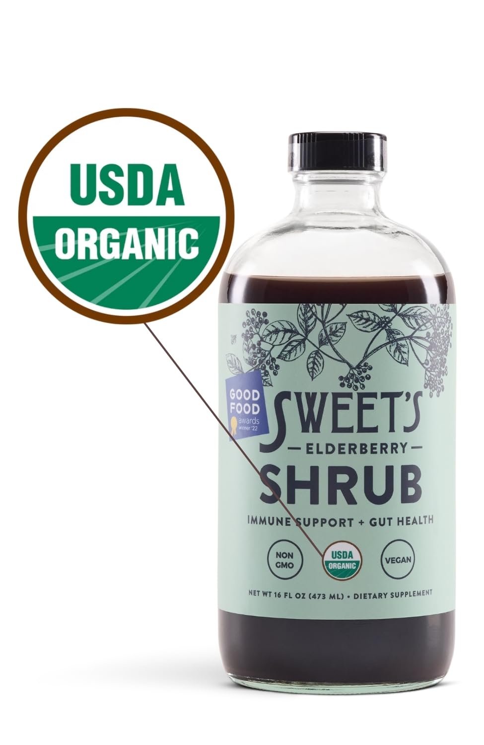 Sweet's Elderberry Shrub being poured into a glass illustrates a refreshing mocktail option.