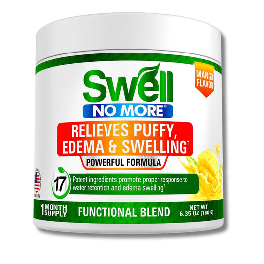 Swell No More bottle with peach mango powder dissolving for leg swelling relief