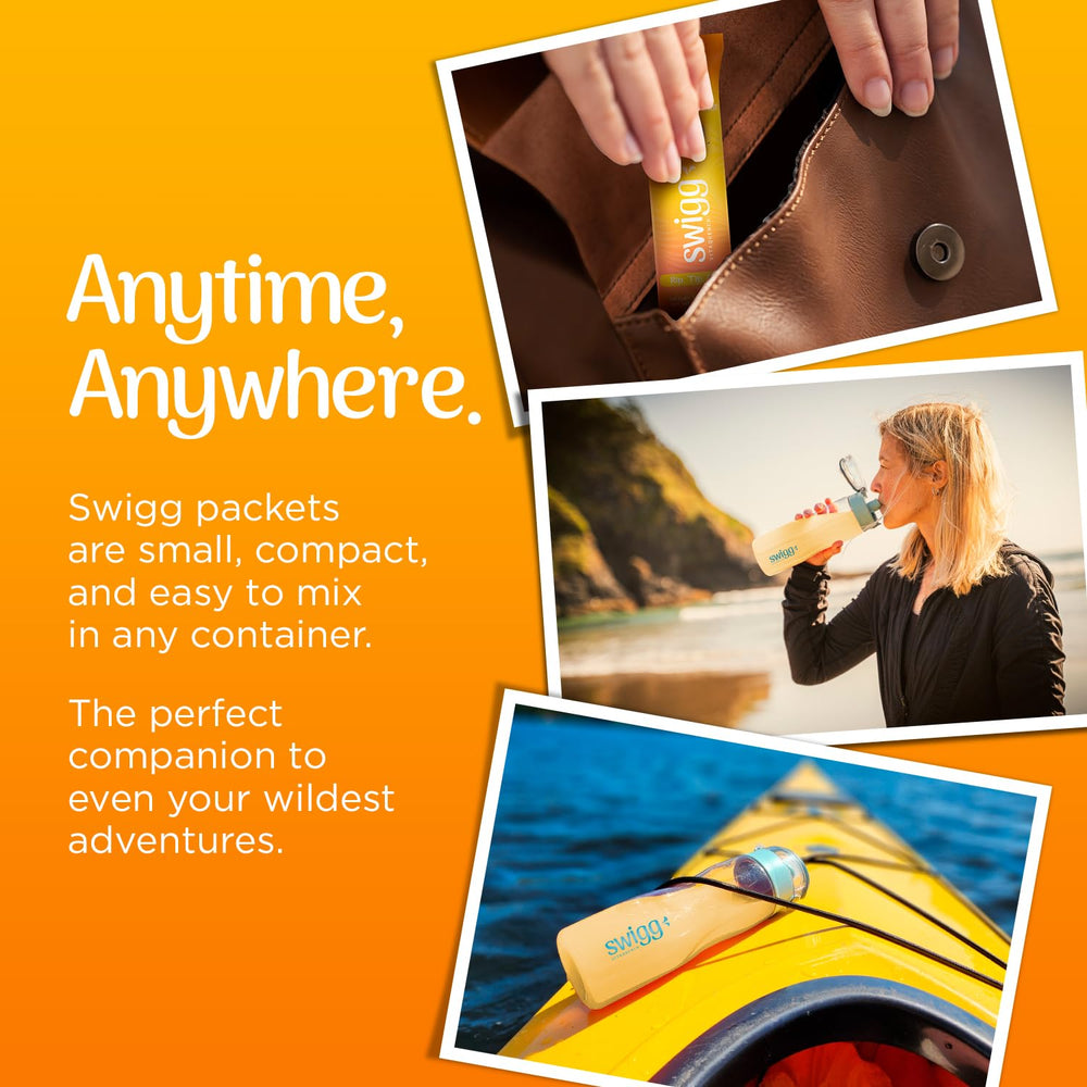 Swigg electrolyte packets at a desk, supporting daily hydration