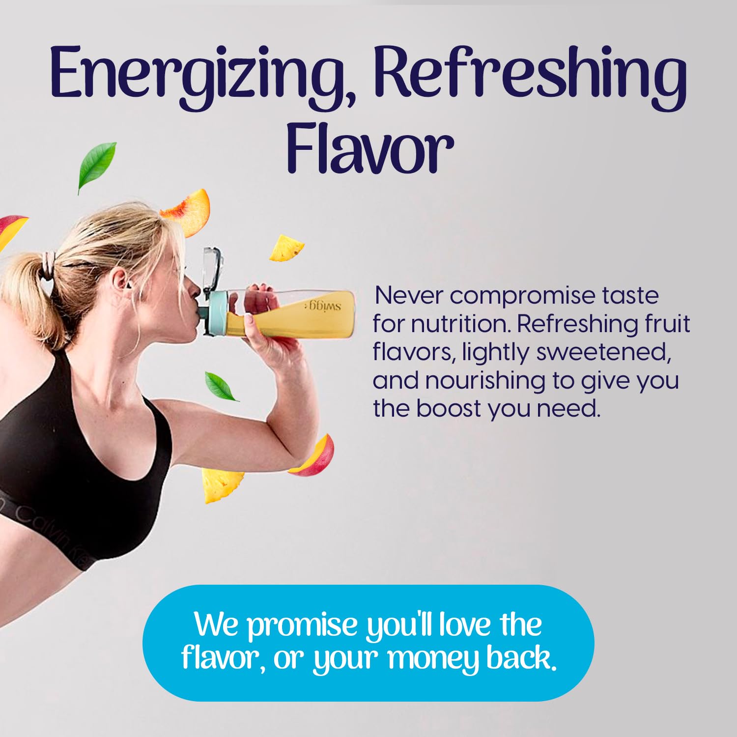 Swigg tropical fusion electrolyte poured into a glass for hydration