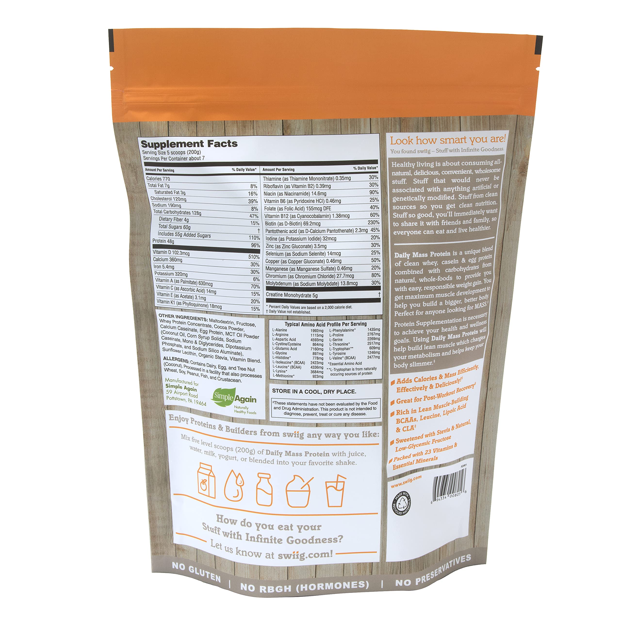 Swiig Mass Builder Chocolate powder scoop highlighting serving size and protein content
