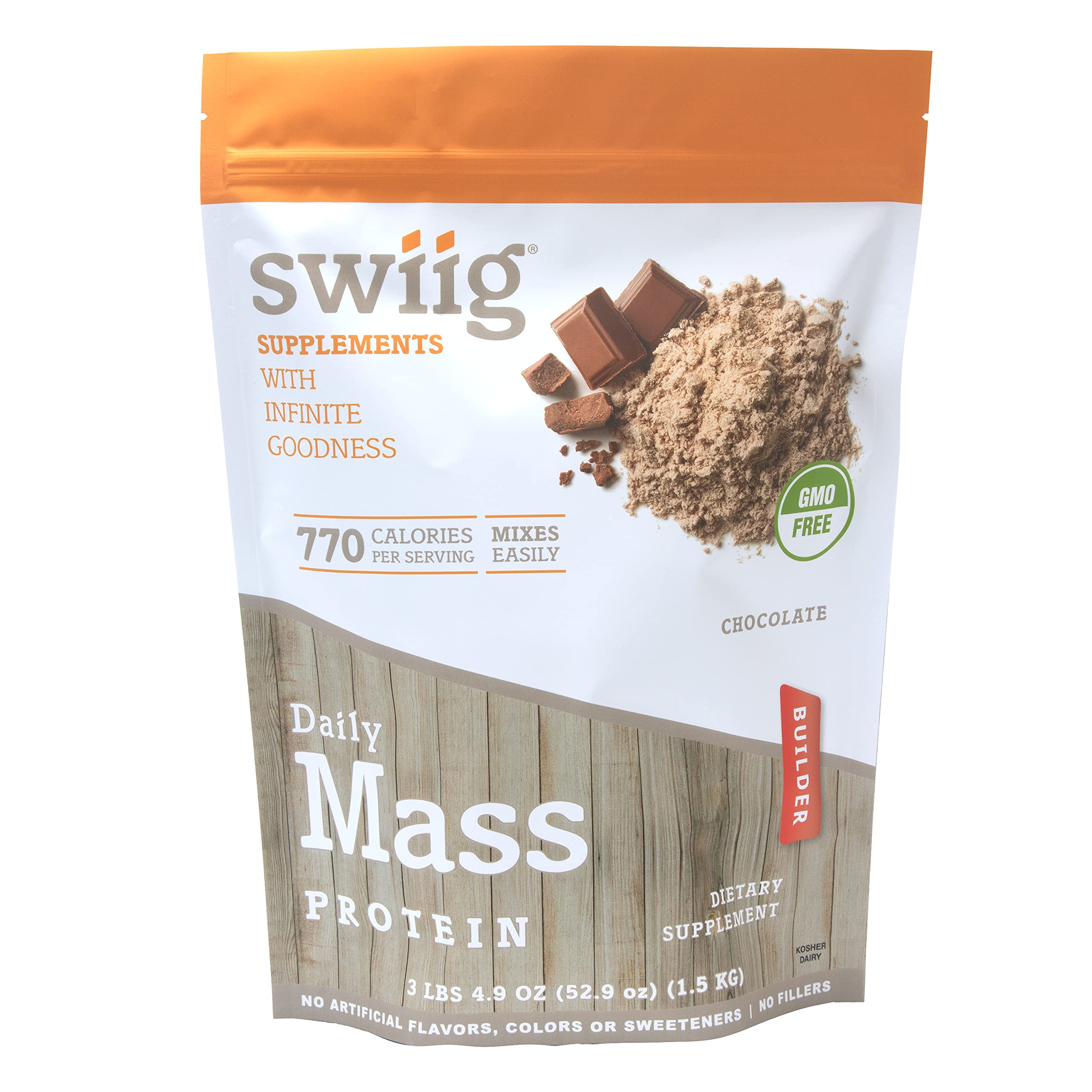 Swiig Mass Builder Chocolate powder tub shows premium mass-gain formula for calorie-rich shakes