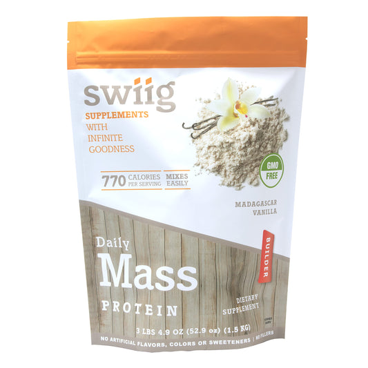 Swiig Mass Builder Madagascar Vanilla bag highlights high-calorie protein blend for mass gain