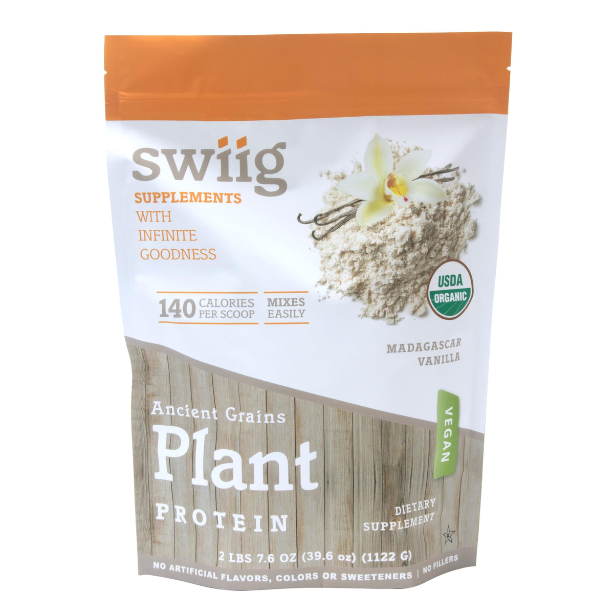 Swiig Organic Ancient Grains protein powder bottle pour demonstrates convenient, dairy-free shake options.