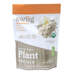 Swiig Organic Ancient Grains protein powder bottle pour demonstrates convenient, dairy-free shake options.