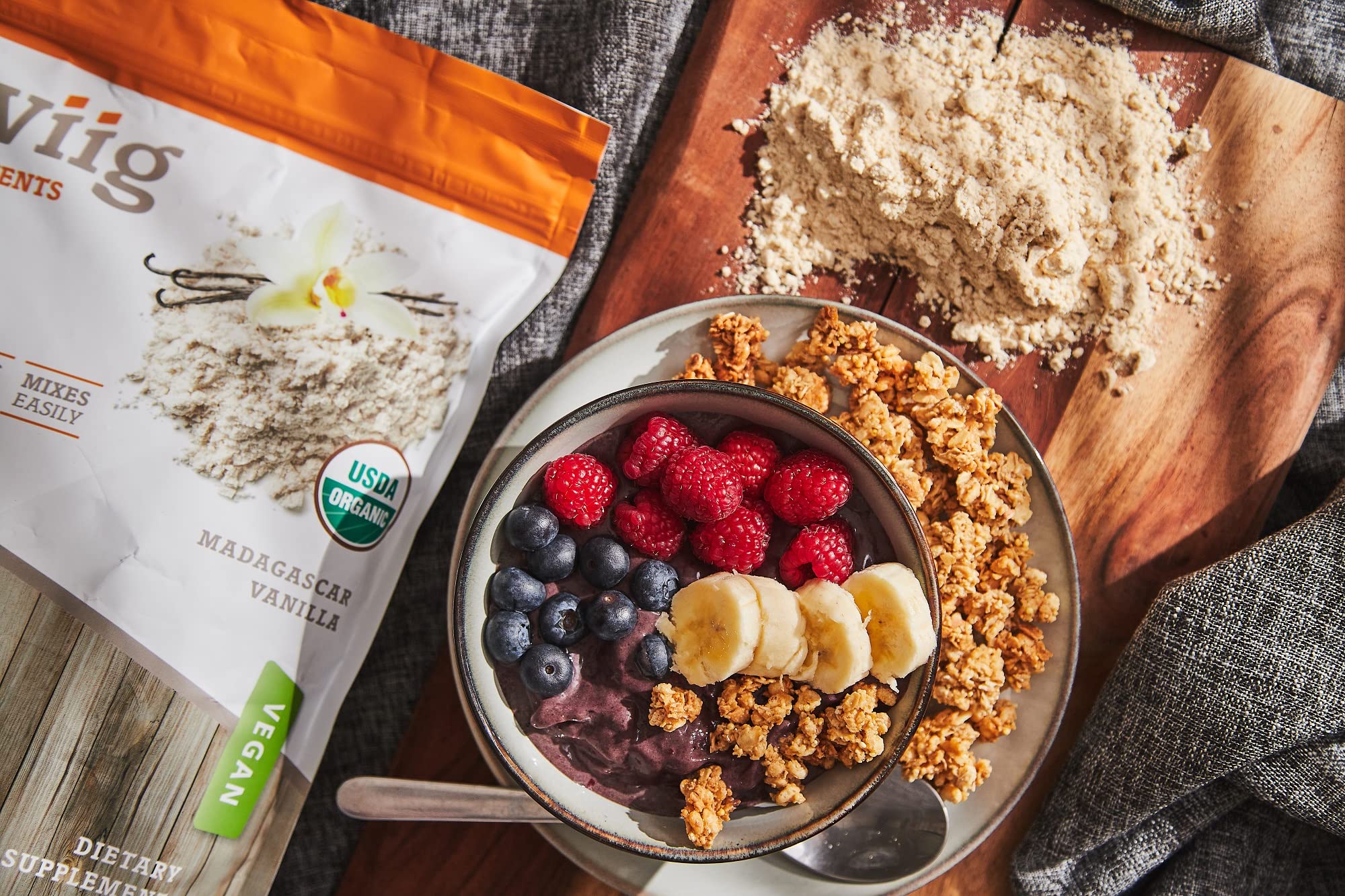 Swiig vanilla protein powder bowl suggests smooth texture for breakfast bowls.