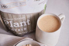 Swiig vanilla protein powder packaging front emphasizes clean ingredients and vegan source.