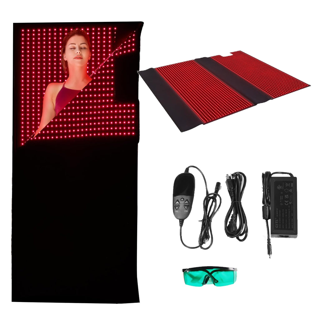 Swirise red and near-infrared therapy bag on bed for full-body relaxation.