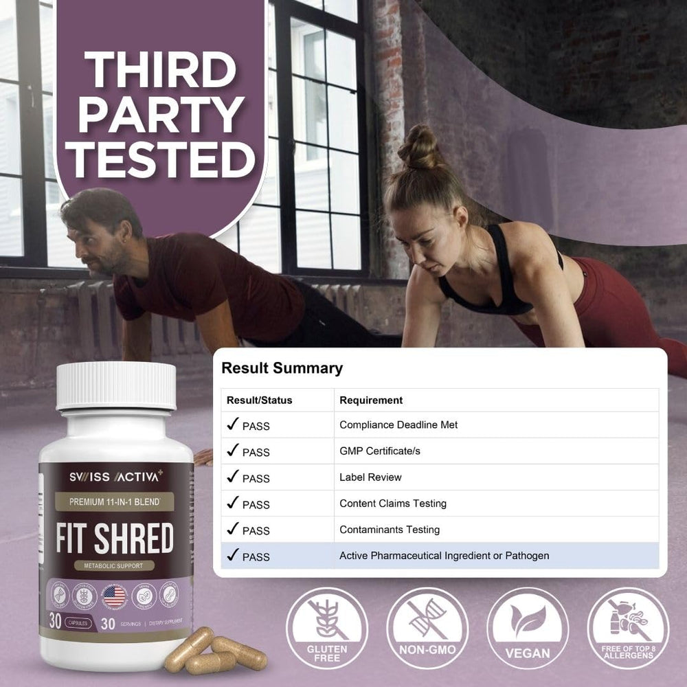 Swiss Activa+ Labs Fit Shred packaging box highlights non GMO vegetarian formula