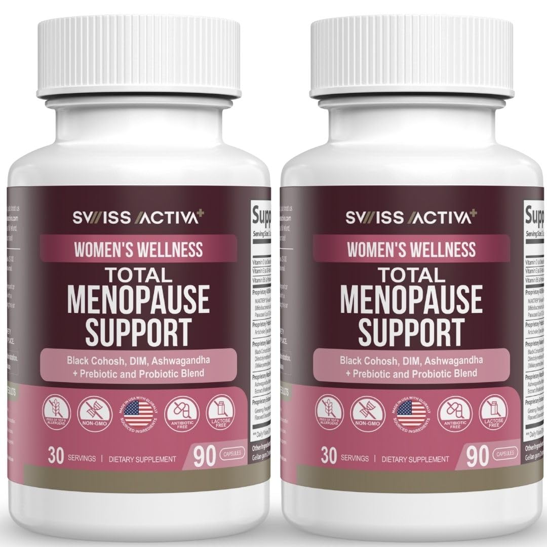 Swiss Activa+ Total Menopause Support bottle on a clean surface for daily hormonal balance support.