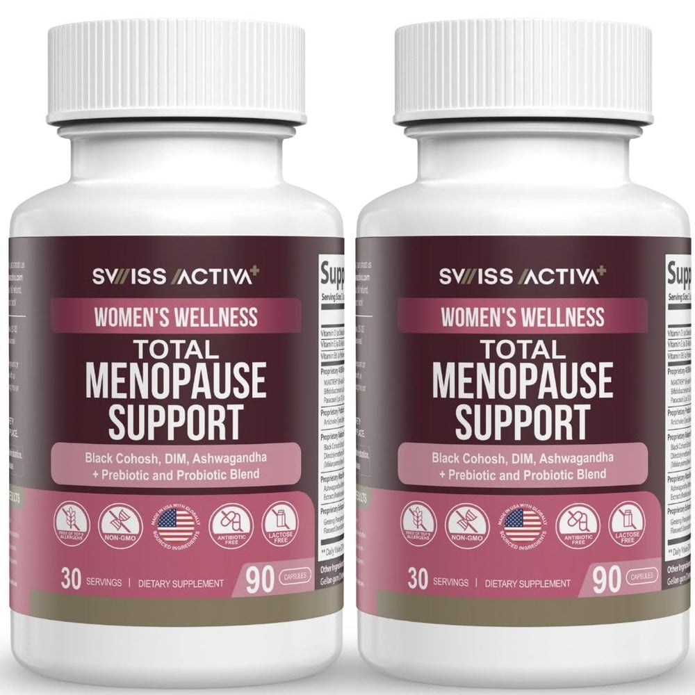 Swiss Activa+ Total Menopause Support bottle on a clean surface for daily hormonal balance support.