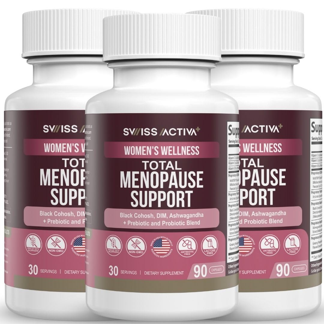Swiss Activa+ Labs Total Menopause Support bottle front showing balance benefits.