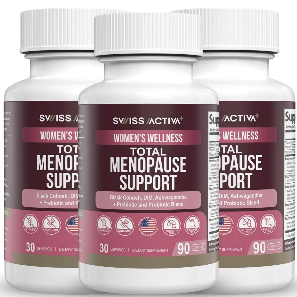 Swiss Activa+ Labs Total Menopause Support bottle front showing balance benefits.