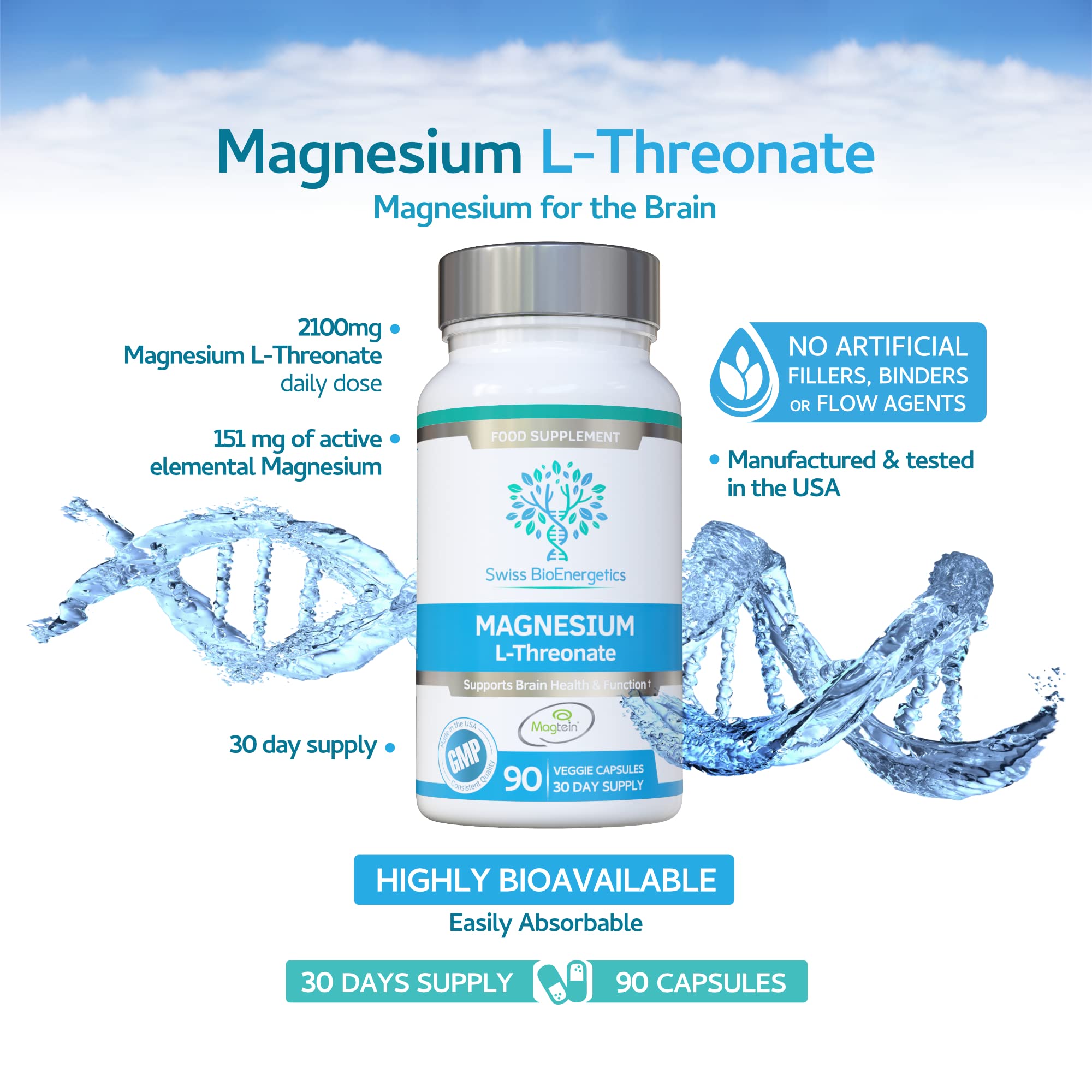 Swiss BioEnergetics Magtein bottle side view highlighting packaging and purity