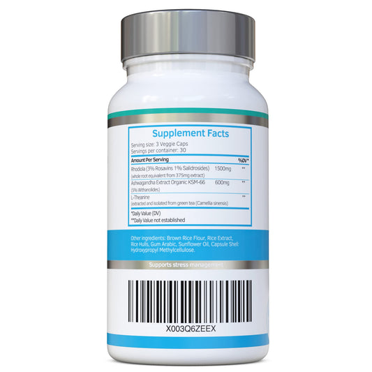 Swiss BioEnergetics Rhodiola and Ashwagandha bottle back detailing allergen-free formula.