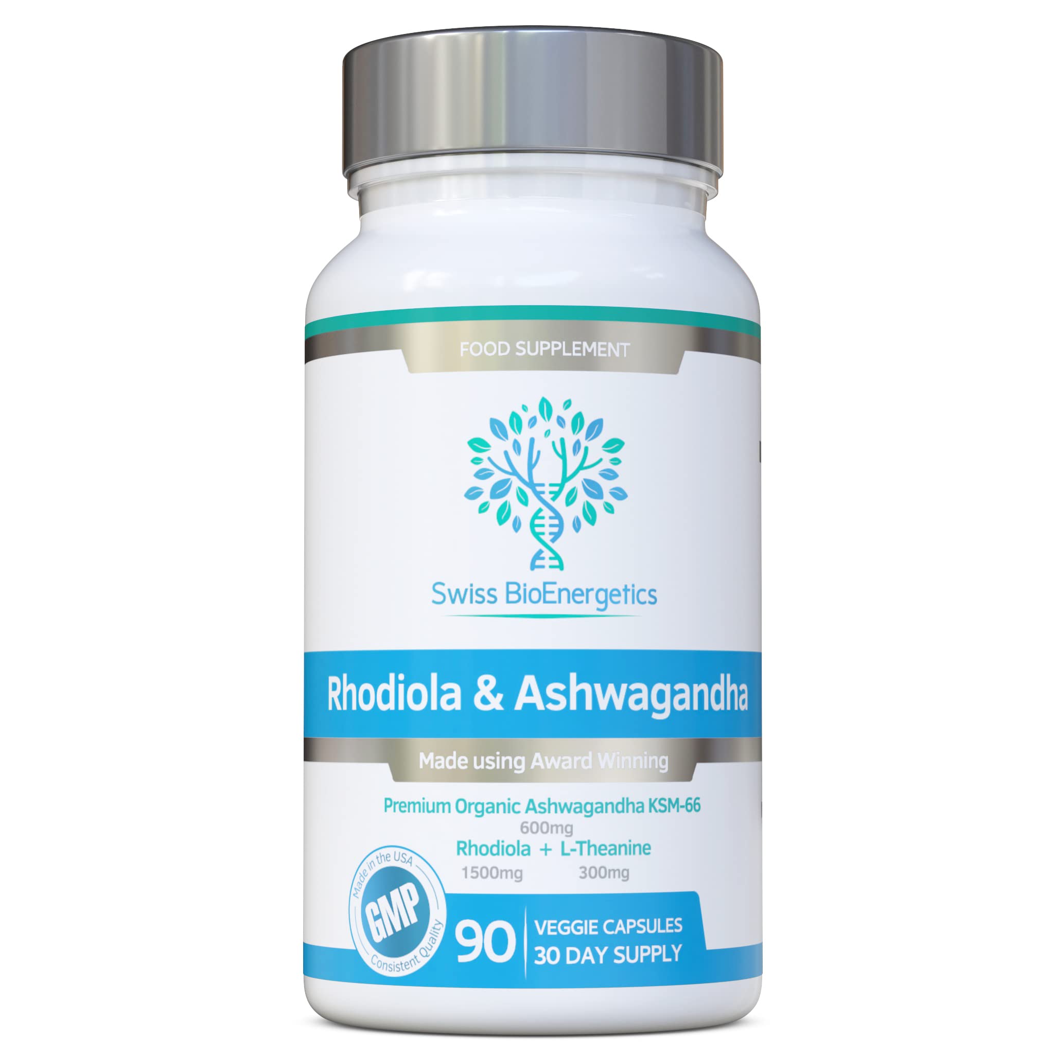 Swiss BioEnergetics Rhodiola and Ashwagandha bottle front promoting daily balance.
