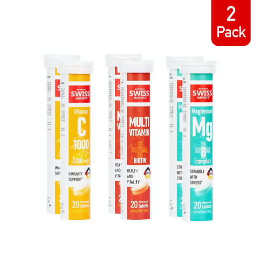 Swiss Imports effervescent variety pack bottle side highlighting compact packaging for travel.
