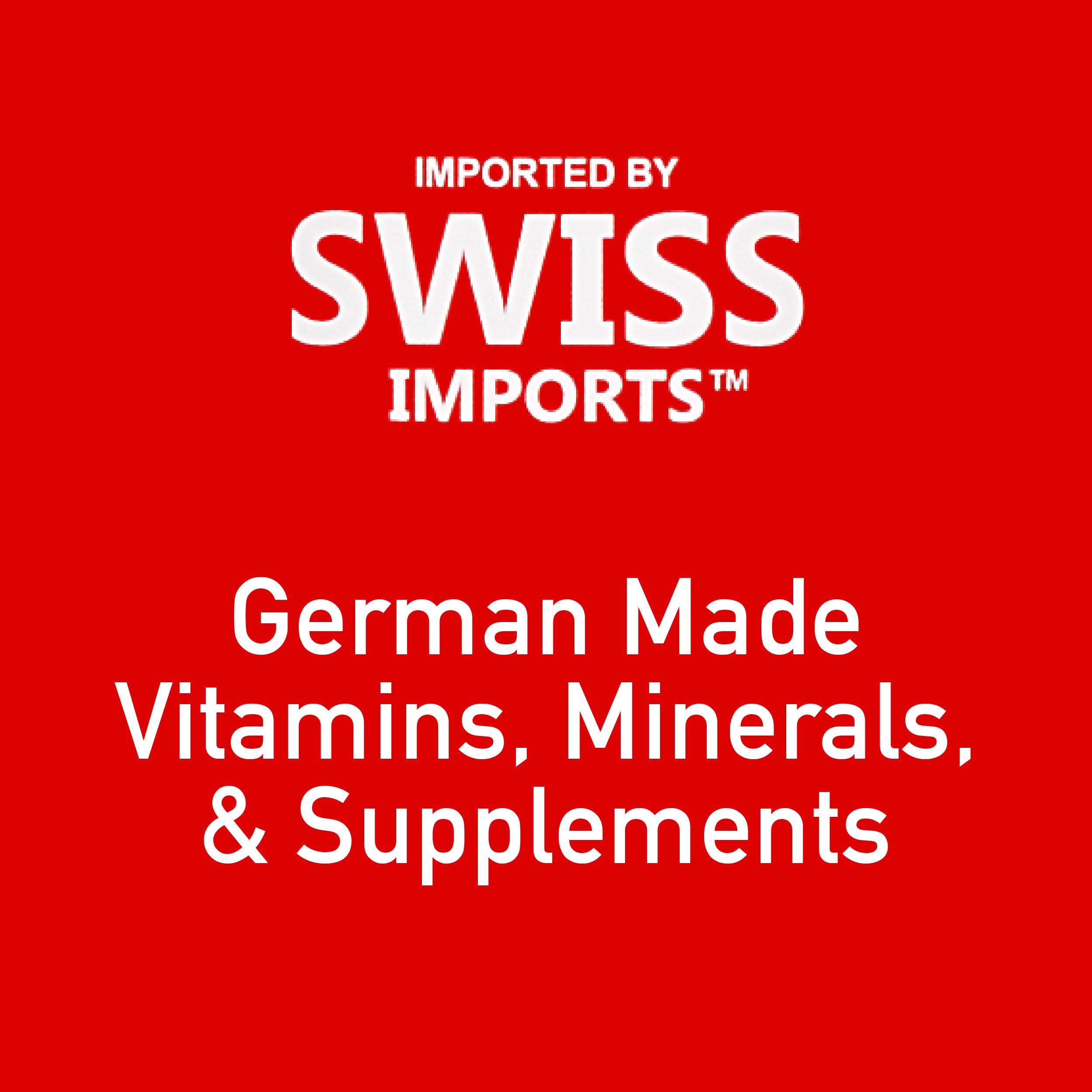 Swiss Imports ingredients panel close-up featuring essential vitamins and biotin