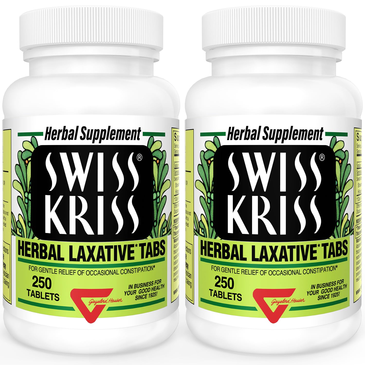 Swiss Kriss two-pack bottles shown for convenient, natural constipation relief