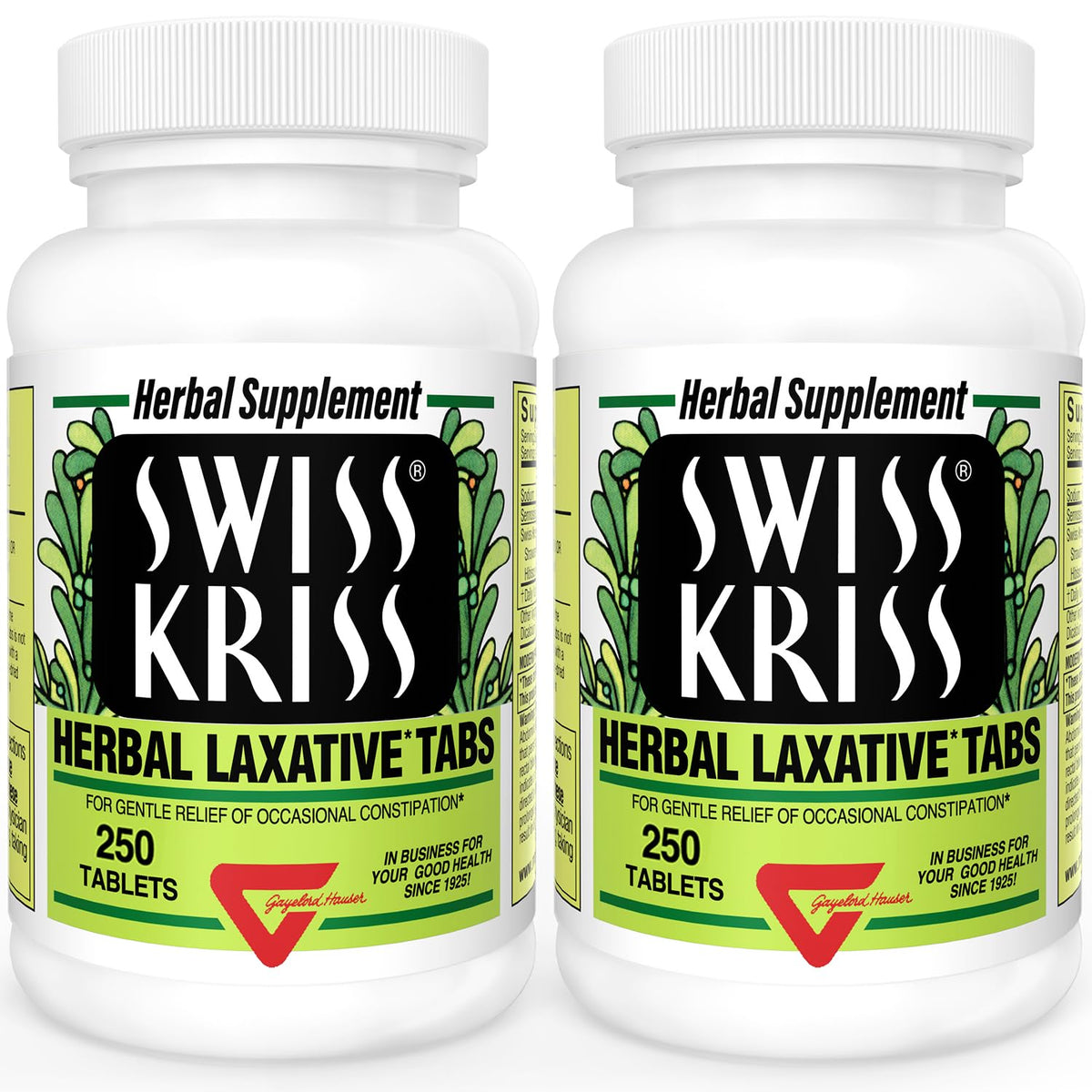 Swiss Kriss two-pack bottles shown for convenient, natural constipation relief