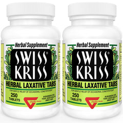 Swiss Kriss two-pack bottles shown for convenient, natural constipation relief
