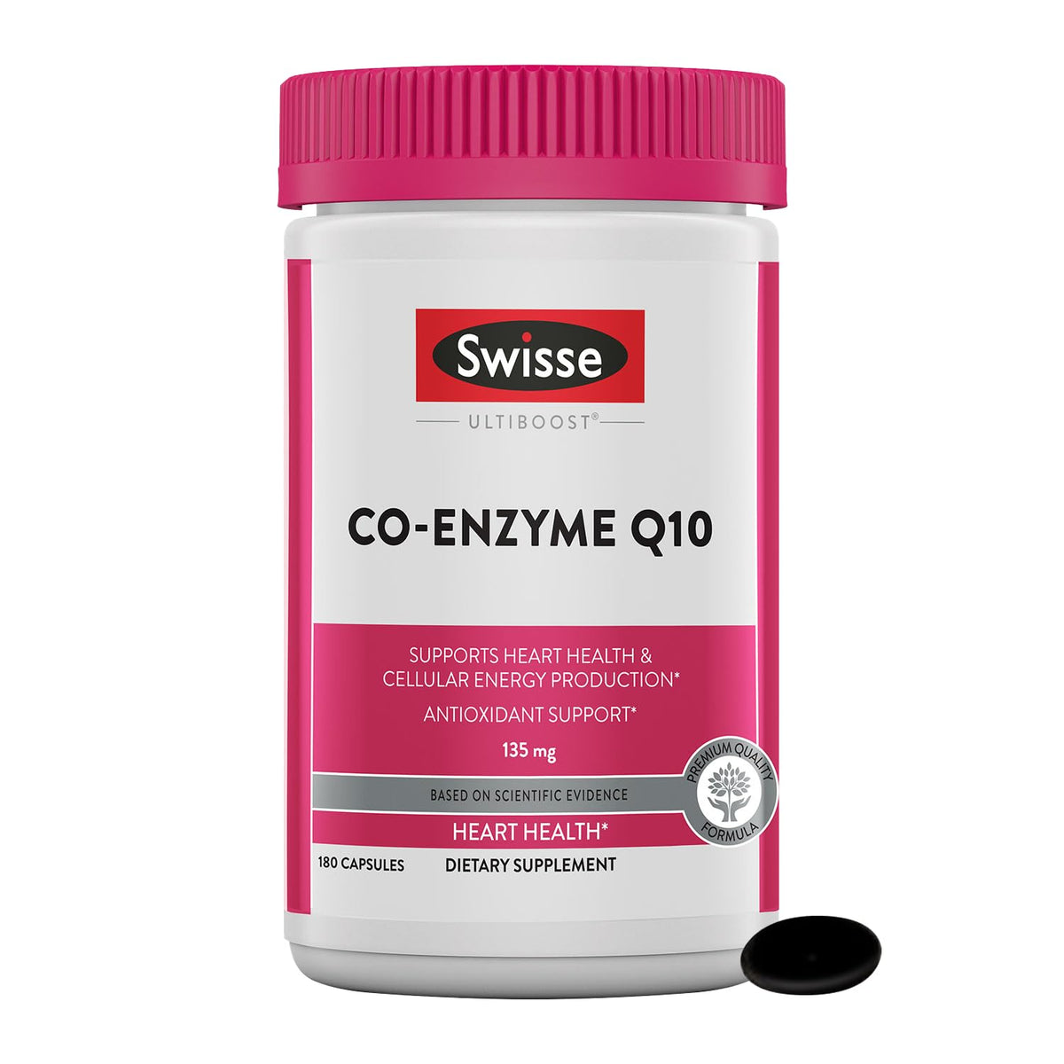 Swisse CoQ10 softgel bottle front showing daily heart health support.