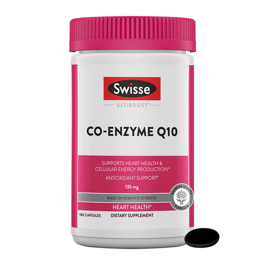 Swisse CoQ10 softgel bottle front showing daily heart health support.